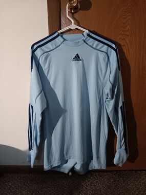 adidas Light Blue Long-Sleeve Rash Guard with Navy Stripes